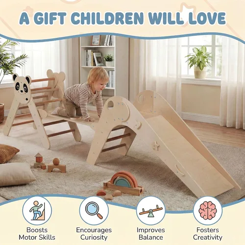 Miniatura 8 de GLACER Pikler - Juego de triángulos Montessori con temática de panda, juguetes de escalada para niños pequeños con escalera, túnel, tobogán, rampa