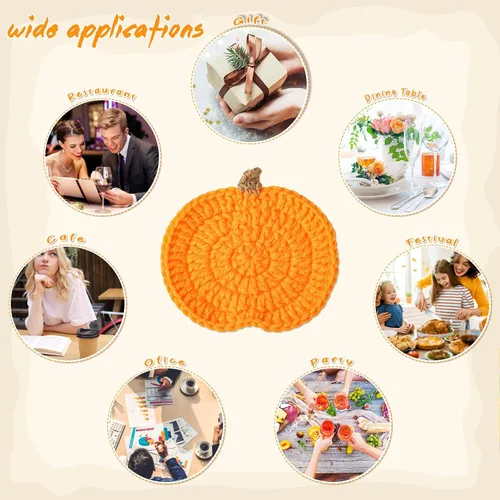 Miniatura 7 de Juego de 4 posavasos de ganchillo hechos a mano con calabazas de ganchillo, juego de posavasos de bebida de otoño, tapetes absorbentes para proteger