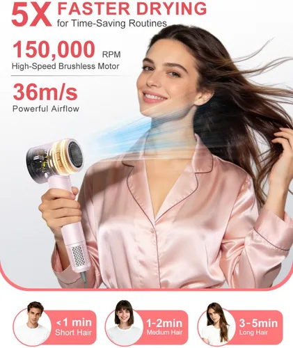 Miniatura 2 de Ionic - Secador de pelo, 150,000 RPM de alta velocidad profesional para secado rápido, iones negativos de 1,640.4 ft y control térmico, boquilla Rosa