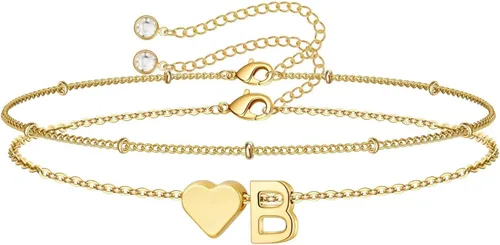 Miniatura 39 de M MOOHAM Pulseras de oro con inicial de corazón para mujer, pulseras con dije de letra A-Z de corazón dorado en capas para mujer, pulseras