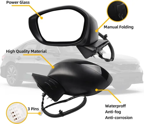 Miniatura 2 de Dasbecan Espejo lateral izquierdo del conductor compatible con Honda Civic 2022-2025 con cristal eléctrico, plegable manual, combina con Crystal