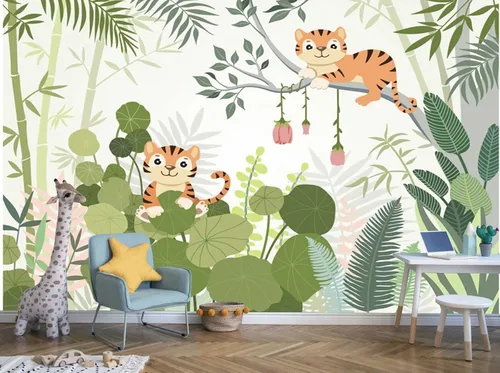 Miniatura 13 de Pegatinas de pared de animales de selva de plantas verdes tropicales, murales de pared personalizados para dormitorios, salas de estar, oficinas