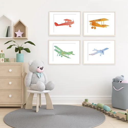 Miniatura 3 de Impresiones artísticas de aviones de guardería (juego de 4) – sin marco – 8 x 10 segundos Arte de pared encantador y caprichoso para guarderías