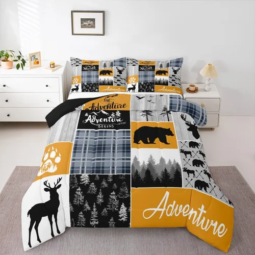Miniatura 116 de Juego de edredón de oso y ciervo, tamaño individual, ropa de cama de animales salvajes de caza, colcha rústica de cabaña, casa de campo, cuadros