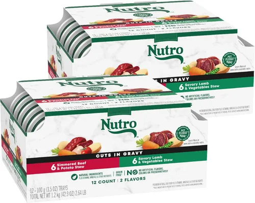 Nutro Natural Choice - Trozos en salsa, comida húmeda para perros con variedad de cordero y ternera, bandejas de 3.5 oz (12 unidades, paquete de 2)