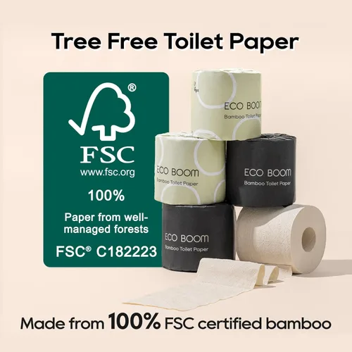 Miniatura 2 de ECO BOOM Papel higiénico de bambú sin blanquear, 100% libre de deforestación y sin plástico, 3 capas resistentes, certificado FSC, sin fragancia, 9