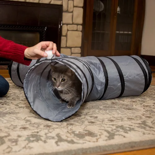 Miniatura 8 de PetLike Túnel para gatos (con juguete interactivo para gatos y juguete de hierba gatera) para gatos de interior, tubo plegable para mascotas, gris