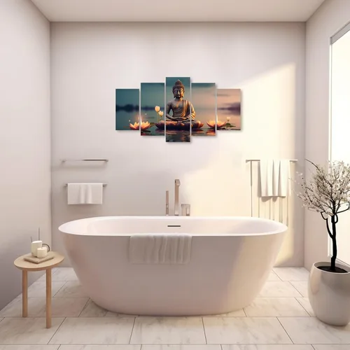 Miniatura 3 de ZXHYWYM Lienzo decorativo para pared, 5 piezas, estatua de Buda, pintura de loto, imágenes de loto, obras de arte de spa zen para oficina, 1