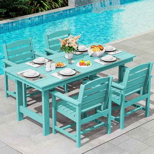 Miniatura 23 de SERWALL Juego de Mesa de Comedor de HDPE para Exteriores, Juego de 7 Piezas de Mesa de Comedor al Aire Libre con Mesa con Corte para Agujero de Gris