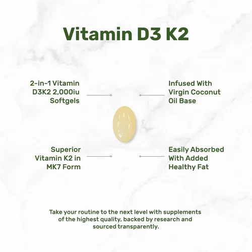 Miniatura 3 de DEAL SUPPLEMENT Vitamina D3 2,000 UI + K2 MK7 50mcg cápsulas blandas Complejo 2 en 1 con aceite de coco virgen Apoya la salud del corazón