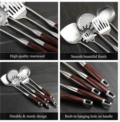 Miniatura 9 de IQCWOOD Juego de utensilios de cocina de acero inoxidable con mango de madera, 5 piezas resistentes al calor, herramienta de utensilios de cocina
