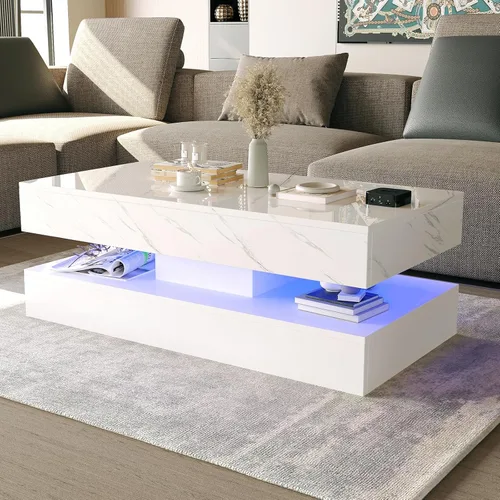 Miniatura 8 de HOMFAMILIA - Mesa de café LED con 2 cajones de almacenamiento, mesa de café moderna de alto brillo en negro con luces LED de 20 colores, mesa
