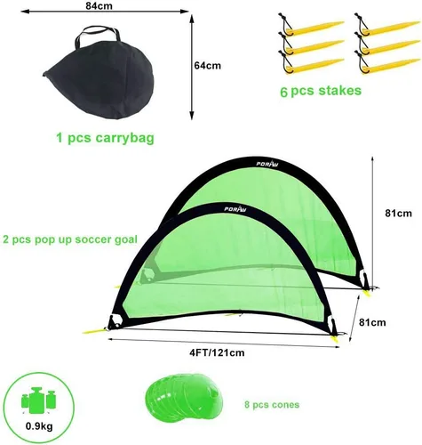 Miniatura 4 de Poray Soccer Goal for Kid Easy-up Set of Two Portable Soccer Net 210D Oxford with 8 Field Marker Cones Extra Stakes Fun for Backyard and Soccer Verde