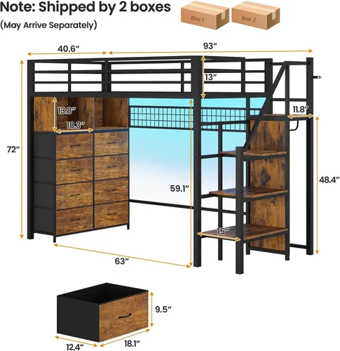 Miniatura 2 de ADORNEVE - Cama tipo loft tamaño individual con escaleras de almacenamiento, 8 cajones, cama tipo loft de metal para niños tamaño individual