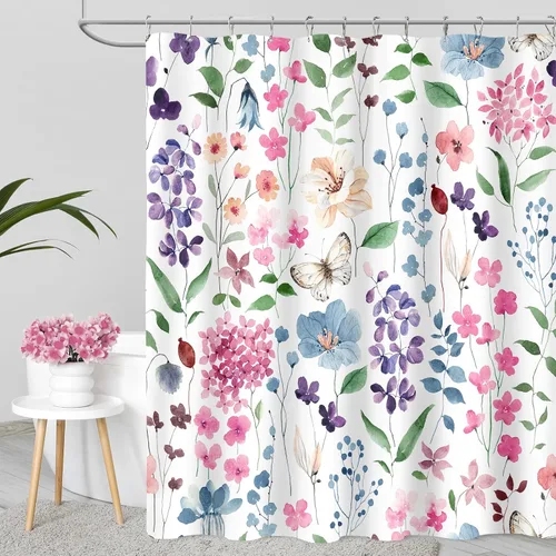 Miniatura 30 de MAYZUS Cortina de ducha con flores azules acuáticas, lindas cortinas de tela con flores para baño, juego de cortinas de tela de aguamarina