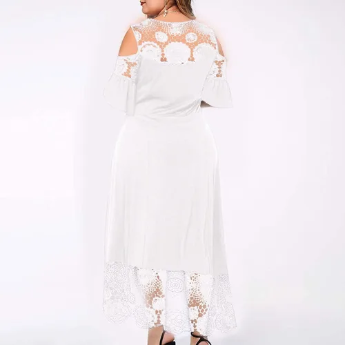 Miniatura 4 de MOBCTG Vestidos negros de talla grande, vestido de moda para mujer, con costuras de encaje con volantes, manga corta, sin tirantes, vestido