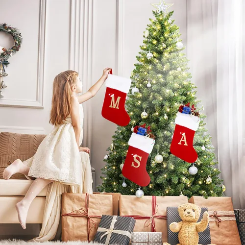 Miniatura 4 de Medias de Navidad con monograma de 20 pulgadas con letras, medias de Navidad grandes súper suaves, terciopelo rojo con puño de felpa blanco súper