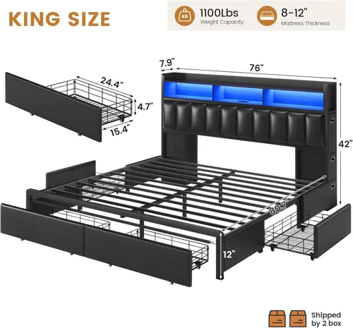 Miniatura 2 de ADORNEVE Base de cama tamaño King con 10 cajones de almacenamiento y cabecera tipo estantería RGB, cama King tapizada en PU con estación de carga