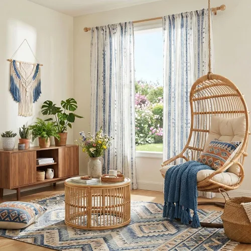 Juego de 2 paneles de cortinas de lino bohemio, cortinas de semi privacidad para sala de estar, cortinas rústicas de campo de 54 pulgadas de largo,