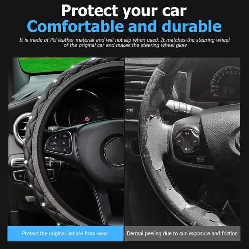 Miniatura 3 de Funda de volante de coche con brillo, 15" de cuero elástico antideslizante con strass de cristal, protector de volante para vehículos, accesorios
