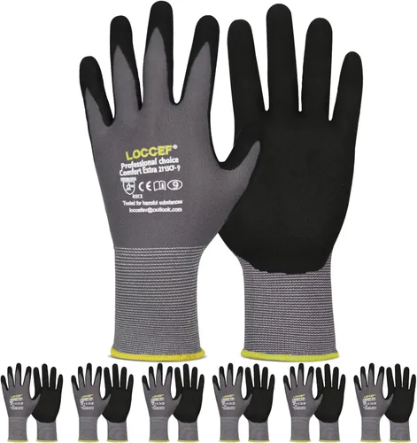 LOCCEF - Guantes de trabajo con revestimiento de nitrilo de microespuma, 6 pares, guantes de nailon de punto sin costuras, guantes de trabajo grises