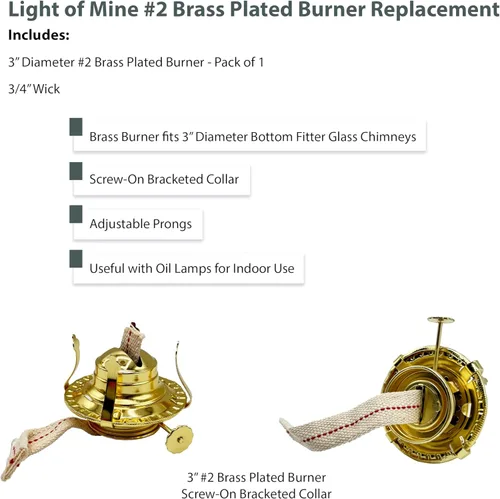 Miniatura 2 de Light of Mine - Quemadores chapados en latón #2 con anillo de reducción extraíble para lámparas antiguas de huracán (NO2, 1 paquete)