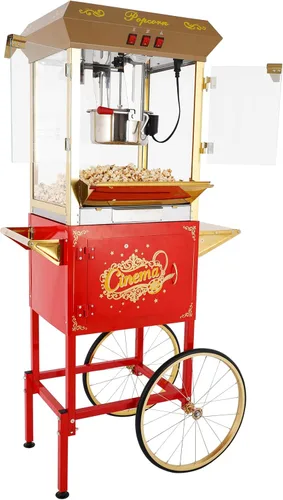 Miniatura 11 de Máquina comercial de palomitas de maíz con carrito y hervidor de 12 onzas, estilo vintage con ruedas de vidrio templado, plataforma de Rojo