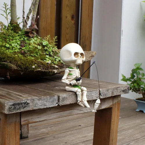 Miniatura 4 de 1 estatua de calavera de Halloween, figuras de esqueleto geniales, figuras de esqueleto con temática de pesca, decoración gótica, figura de calavera