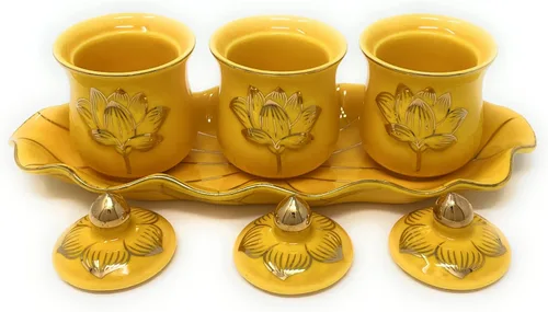 Miniatura 3 de Houlu Juego de 3 tazas de altar, taza de cerámica para ofrenda de agua bendita, taza de adoración budista tibetana (amarillo)