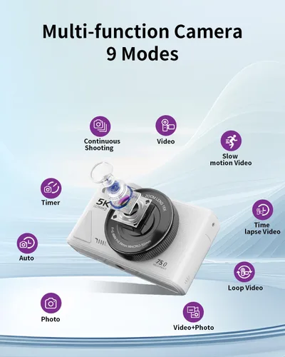 Miniatura 6 de Cámara digital 5K para fotografía con WiFi, cámara de vlogging Ultra HD de 75MP para YouTube con pantalla abatible de 180° de 3 pulgadas, cámaras