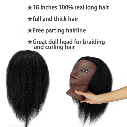 Miniatura 3 de 16 pulgadas 100% pelo real maniquí cabeza de entrenamiento cabeza cosmetología maniquí cabeza para peluquería práctica trenzado peinado con soporte