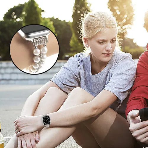 Miniatura 9 de Pulsera de perlas compatible con Apple Watch de 38/40/41 mm 42/44/49 mm iWatch Series 9/8/7/6/5/4/3/2/1, correa de repuesto de joyería de diamantes