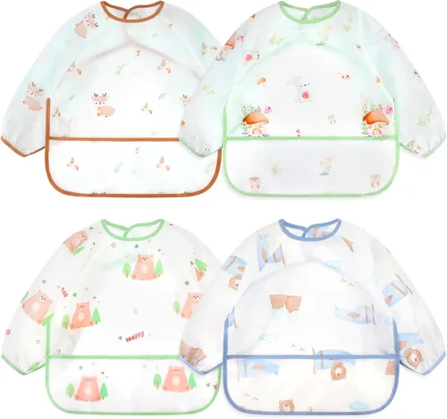 Miniatura 18 de Accmor 4 Pack Long Sleeve Bibs, Baby Smock Waterproof Sleeved Bib Smock for Baby Toddler 6-36 Months Dinosaurio azul/cerdo naranja/alce