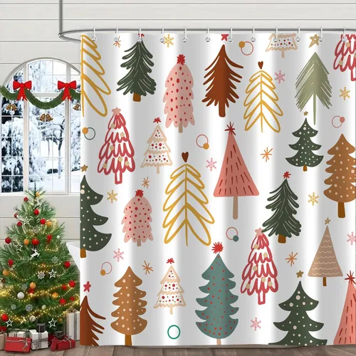 Miniatura 9 de Cortina de ducha de Feliz Navidad, trineo de Papá Noel, reno, copo de nieve, vacaciones, cuadros rojos y verdes, juego de cortinas de ducha