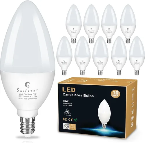 Miniatura 9 de Bombillas LED E12 de Sailstar, equivalentes a 60 W, 500 lúmenes, bombillas de luz para ventilador de techo, blanco suave 2700 K, tipo B, bombilla