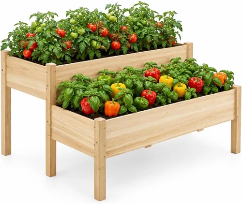 Miniatura 11 de Yaheetech Cama de jardín elevada de madera de 47 x 41 x 30 pulgadas, para horticultura, para exteriores, 2 niveles, maceta elevada para hierbas