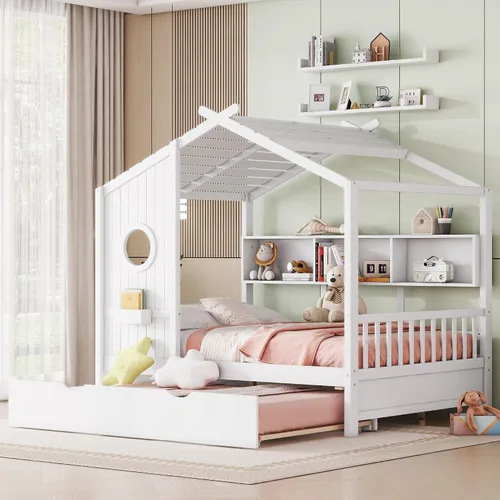 Miniatura 11 de SOFTSEA Cama de plataforma de tamaño matrimonial con nido y estantes de almacenamiento, marco de cama de madera con listones de soporte, cama