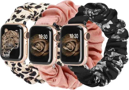 Miniatura 28 de TOYOUTHS - 3 paquetes compatibles con Apple Watch Band Scrunchies 1.496 in (38 mm) tela suave patrón impreso pulsera de tela para mujer iWatch