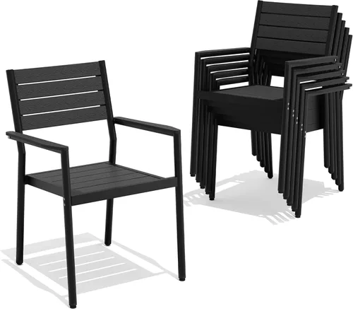 Miniatura 30 de Pellebant Juego de 2 sillas de comedor apilables para exteriores, sillas de patio de aluminio con brazos, para todo tipo de clima, para jardín, Negro