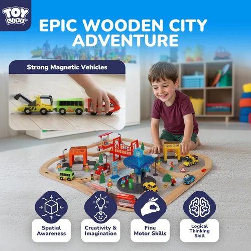 Miniatura 2 de TOY Life Juego de Tren de Madera para Niños Pequeños de 2-4 Años, 119 Piezas Juguetes de Tren de Ciudad con Vías de Tren de Madera, Juego de Tren