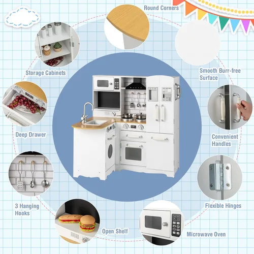 Miniatura 5 de OLAKIDS Juego de cocina de esquina para niños, cocina de madera para niños pequeños con teléfono, microondas, refrigerador, dispensador de agua