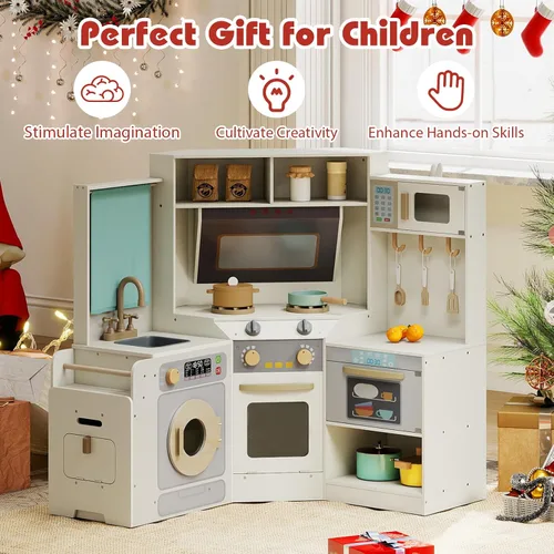 Miniatura 9 de Costzon Cocina de Juego de Esquina, Cocina Grande de Juego de Simulación con Luz y Sonido Reales, Cubo de Basura Extraíble, Estufas, Microondas