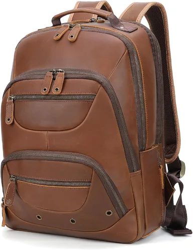 TIDING Mochila de cuero para hombre para laptop de 16 pulgadas y 15.6 pulgadas, bolsa de trabajo vintage de viaje de negocios, mochila grande para