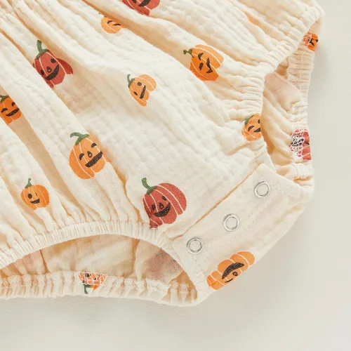 Miniatura 7 de Traje de Halloween para bebé recién nacida, disfraz de calabaza de manga larga de algodón y lino, enterizo con diadema