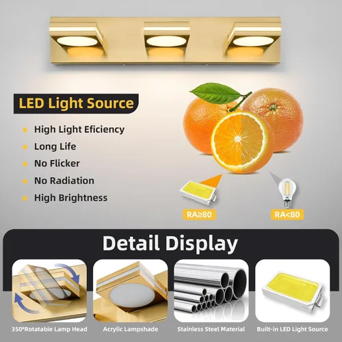 Miniatura 4 de OKELI Lámpara LED de tocador de baño de 3 luces, accesorios de iluminación de pared de baño modernos dorados sobre espejo (3CCT, 3000K-6000K)