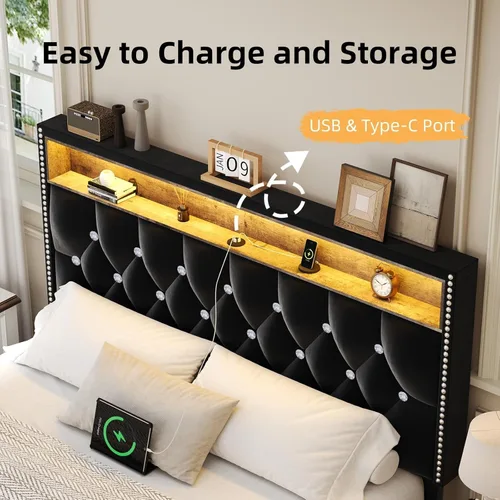 Miniatura 4 de HOMBCK - Base de cama de tamaño matrimonial con estación de carga y cabecera de almacenamiento, marco de cama tapizado de terciopelo con luces LED