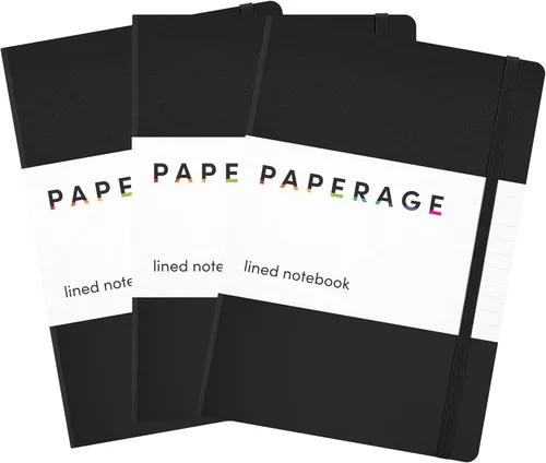 PAPERAGE - Libreta de rayas tipo diario, paquete de 3, (color negro), 160 páginas, tamaño mediano de 5.6 x 8 pulgadas - papel grueso de 100 g/m² –