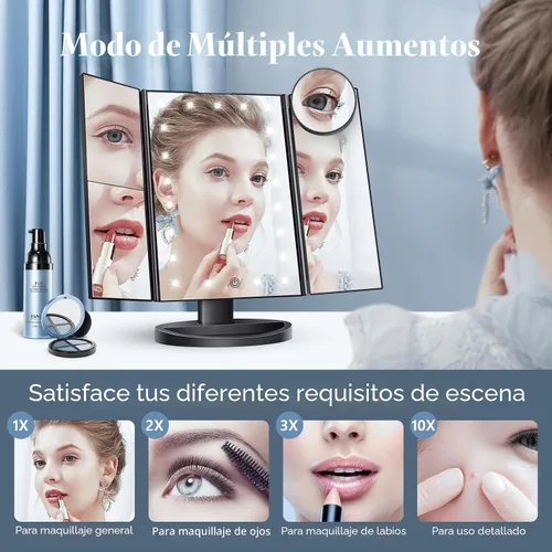Miniatura 2 de HUONUL Espejo de Maquillaje de Tocador con Luces, Aumento 2X 3X 10X, Control Táctil, Espejo Tríptico, Fuente de Alimentación Doble, Regalos