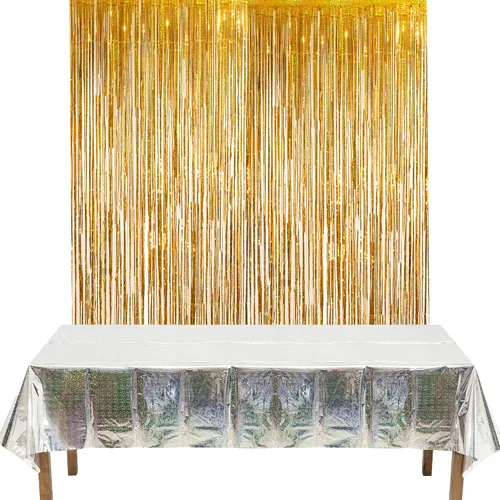 GREATRIL Cortinas con flecos de lámina dorada, 2 paquetes y manteles plateados para fiestas, 2 paquetes para decoración de fondo de fiesta