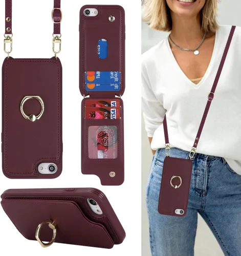 Miniatura 16 de Lipvina para iPhone 11 Pro Funda para teléfono con tarjetero y correa para mujeres, cordón cruzado, soporte de anillo con patas, cierre de presión